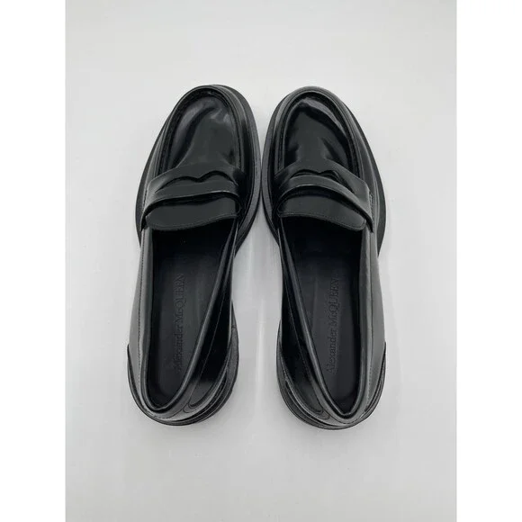 Alexander McQueen Tread-sole Penny-slot Loafers Black Leather Size 45